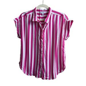 Alex & Jordan Pink White Striped Rayon Short Sleeve Button Down Shirt Large
